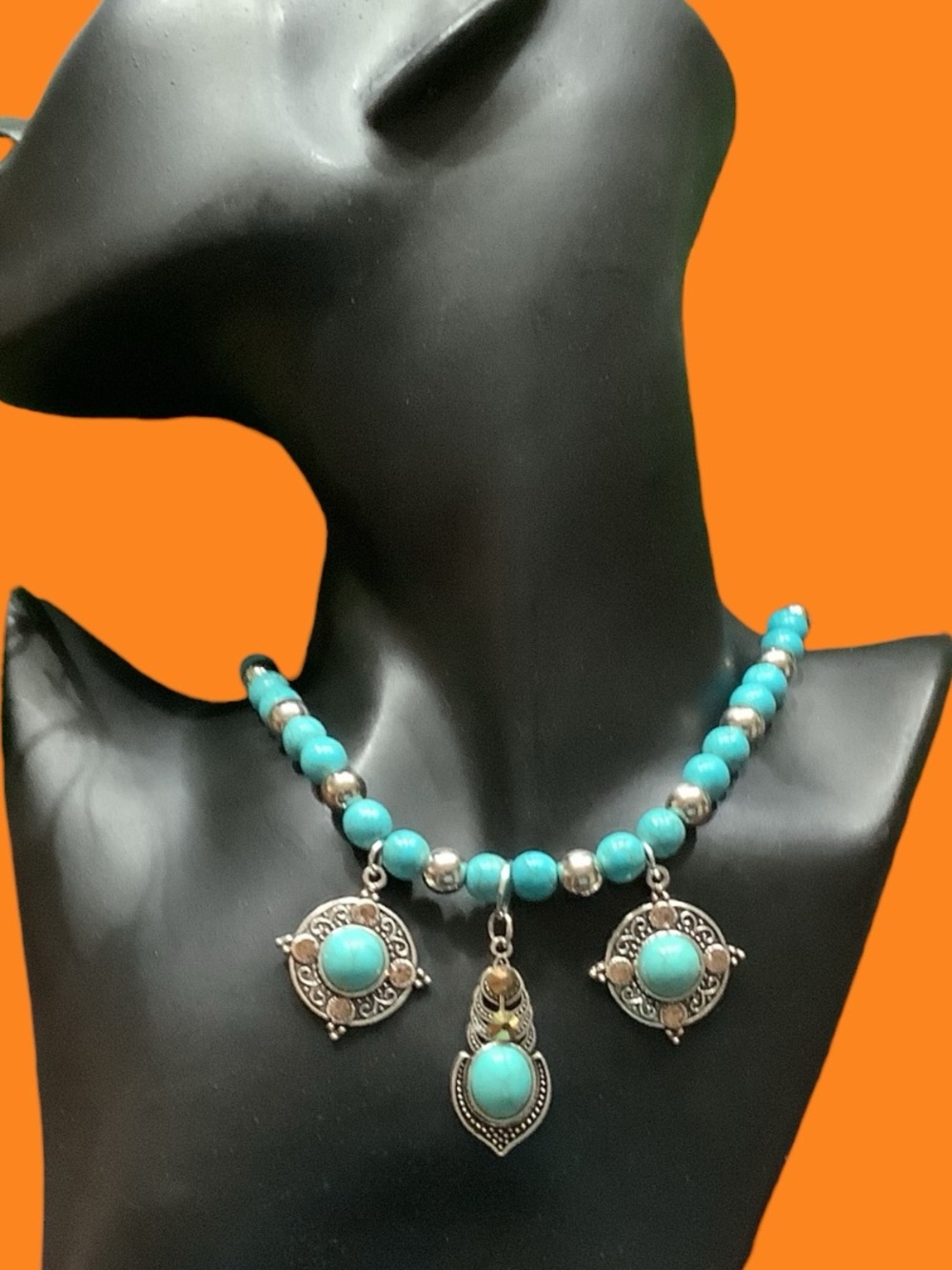 Turquoise Beaded Statement Necklace with Silver Accents